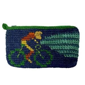 Handmade Cycling Wool Pouch Crochet Bag BoHo Zip Closure Lined Skiing Blue Green